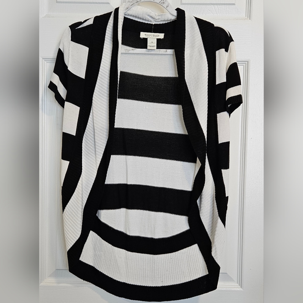 White House Black Market, open front, black & white stripped cardigan.  Size S.